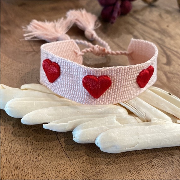 Pink with Hearts Boho Woven Tassel Bracelet - Picture 2 of 6
